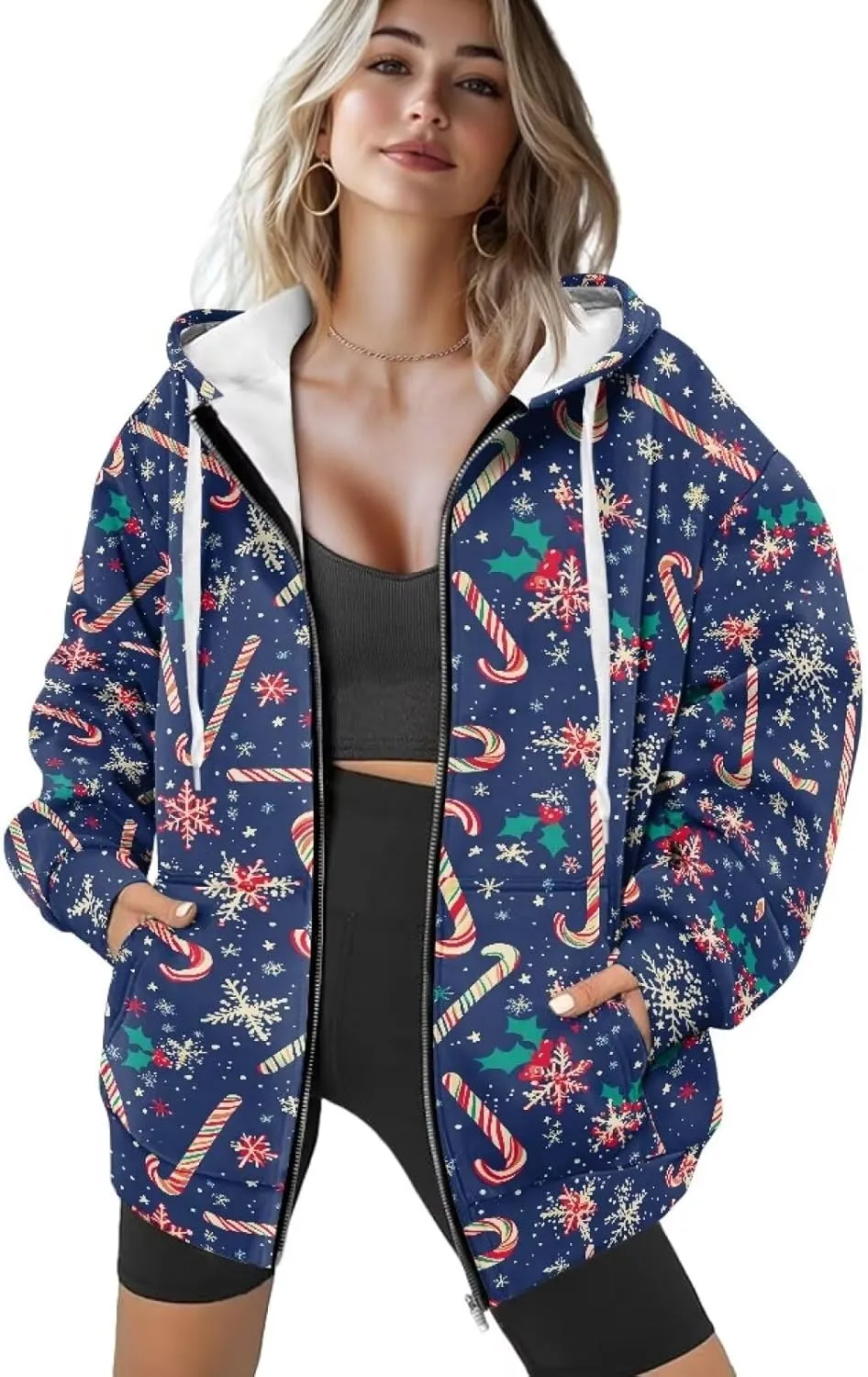 Christmas Candy Print Zip up Hoodie Women Long Sleeve Loose Fitting Y2K Pullover Tops Sweatshirt with Front Pocket