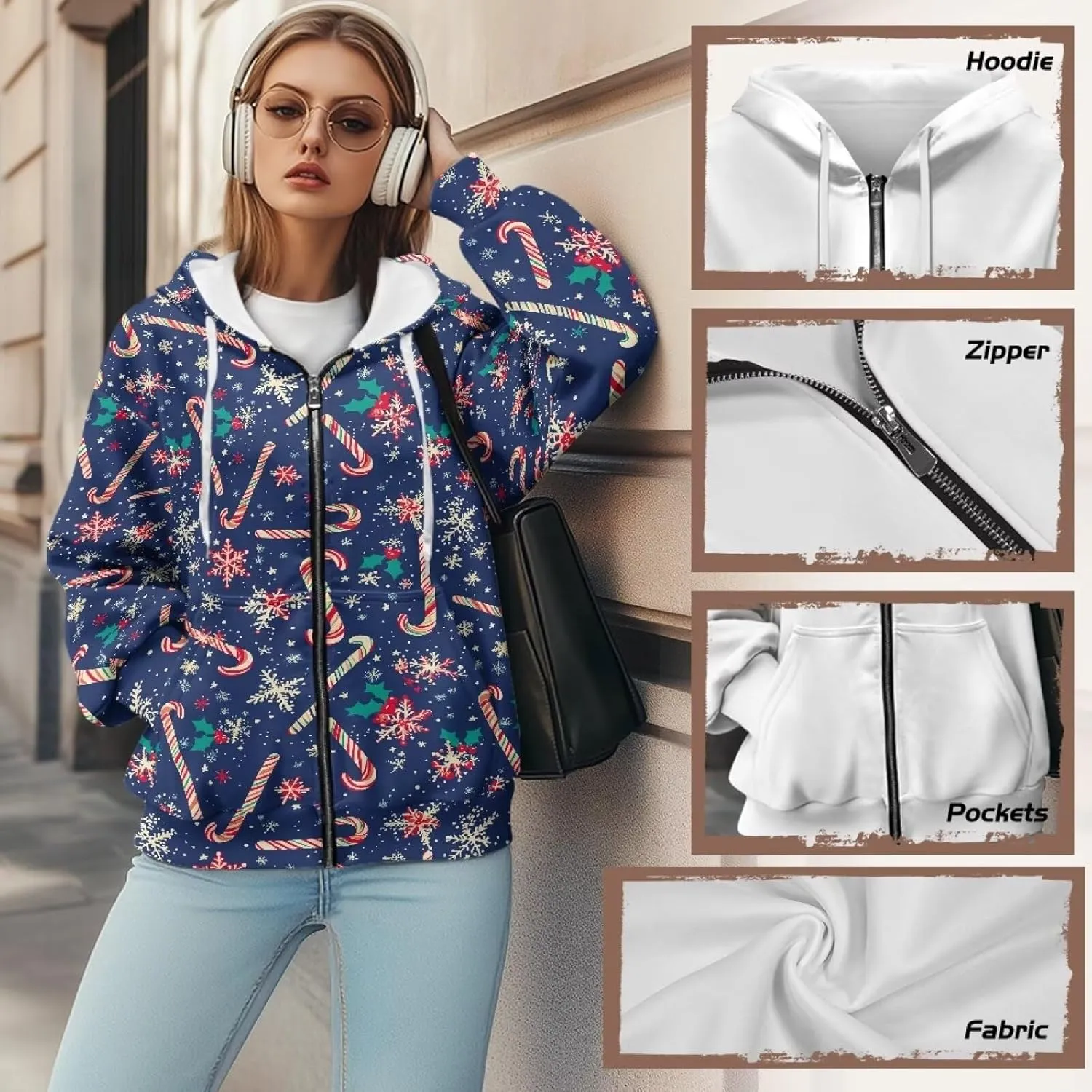 Christmas Candy Print Zip up Hoodie Women Long Sleeve Loose Fitting Y2K Pullover Tops Sweatshirt with Front Pocket