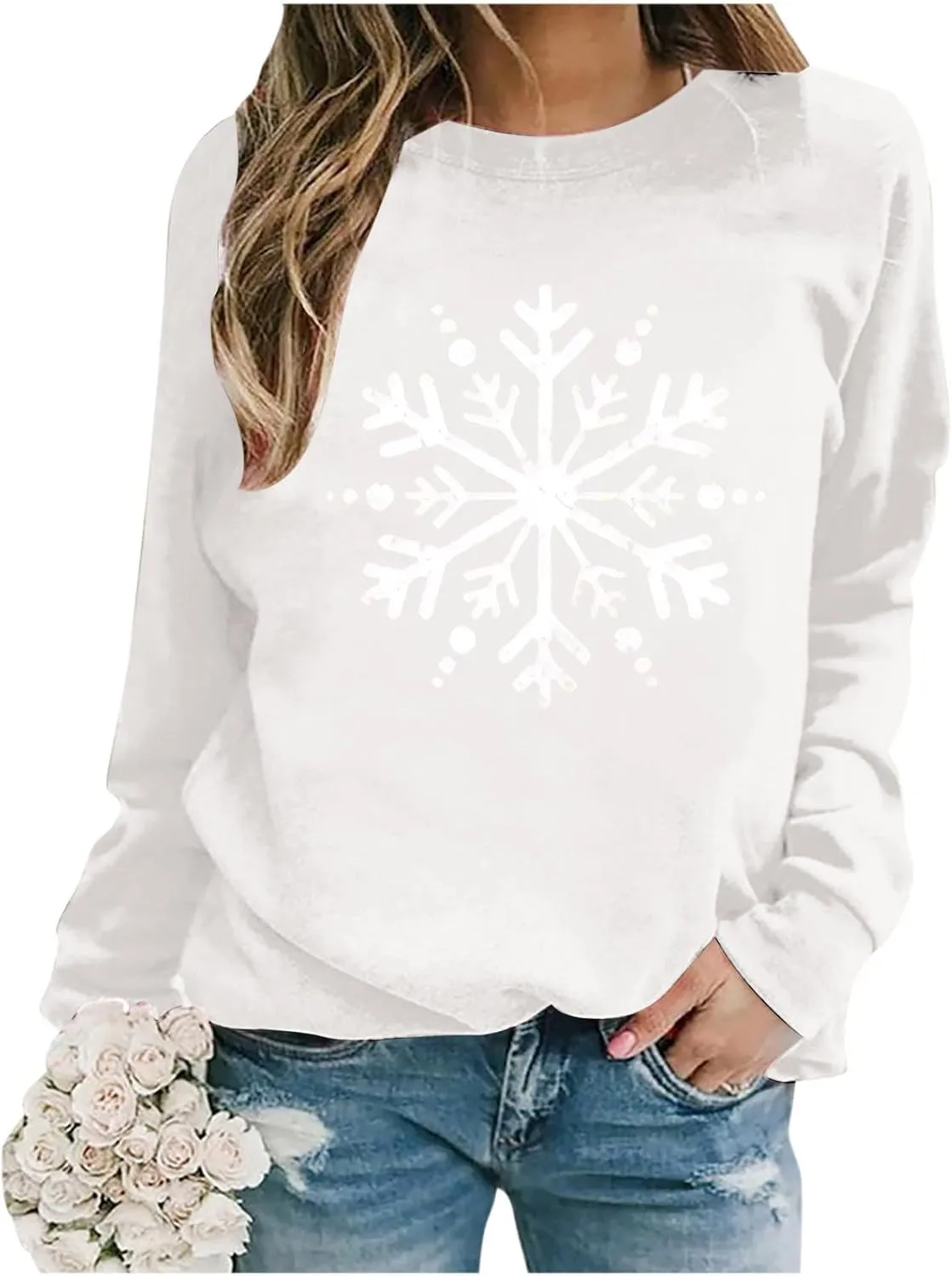 Christmas Sweatshirt for Women Snowflake Graphic Long Sleeve Casual Pullover Drop Shoulder Crewneck Trendy Clothes