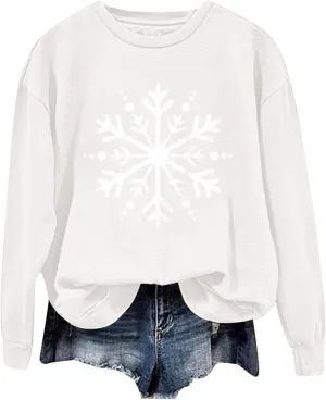 Christmas Sweatshirt for Women Snowflake Graphic Long Sleeve Casual Pullover Drop Shoulder Crewneck Trendy Clothes