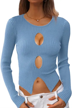 CHYRII Womens Sexy Fall Fashion Cutout Tops Ribbed Knit Winter Pullover Sweater Going Out Crop Tops