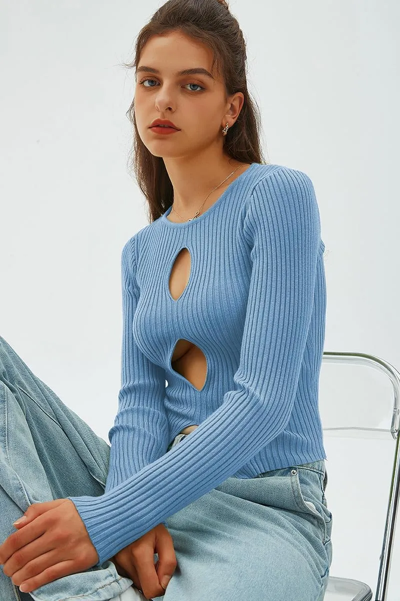CHYRII Womens Sexy Fall Fashion Cutout Tops Ribbed Knit Winter Pullover Sweater Going Out Crop Tops