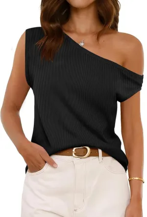 Cicy Bell Womens Off One Shoulder Tops Summer Ribbed Knit Tank Tops Trendy Casual Loose Fit Sleeveless Tee Shirts