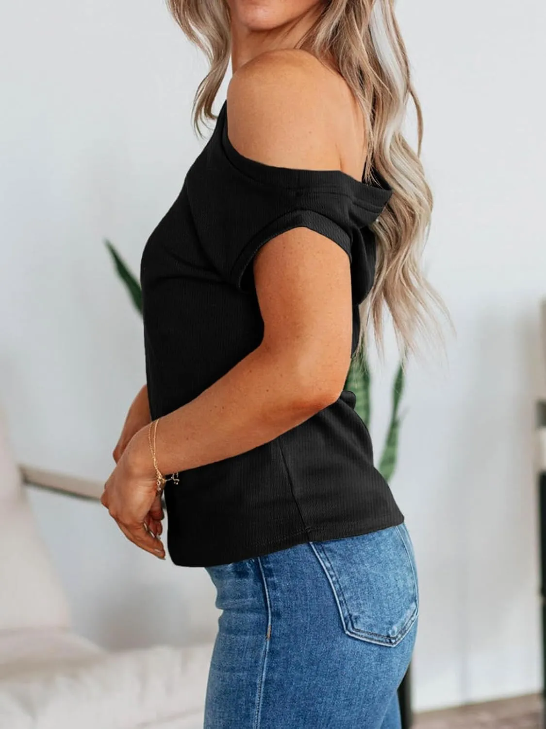 Cicy Bell Womens Off One Shoulder Tops Summer Ribbed Knit Tank Tops Trendy Casual Loose Fit Sleeveless Tee Shirts