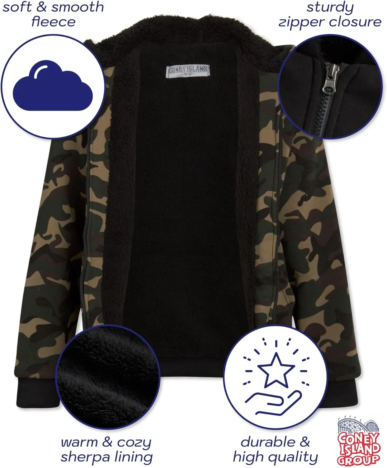 Coney Island Boys Sweatshirts - Cozy Warm Sherpa Lined Soft Fleece Zip Up Hoodie Sweatshirt for Boys (Sizes Run Small: 4-16)