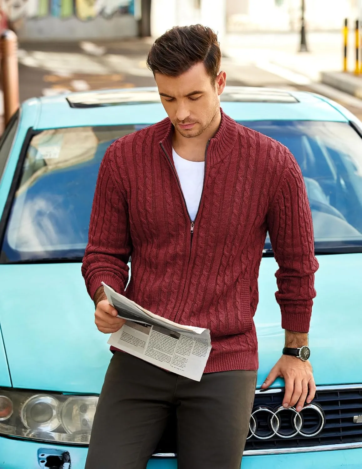 COOFANDY Men's Full Zip Cardigan Sweater Slim Fit Cable Knitted Zip Up Sweater with Pockets