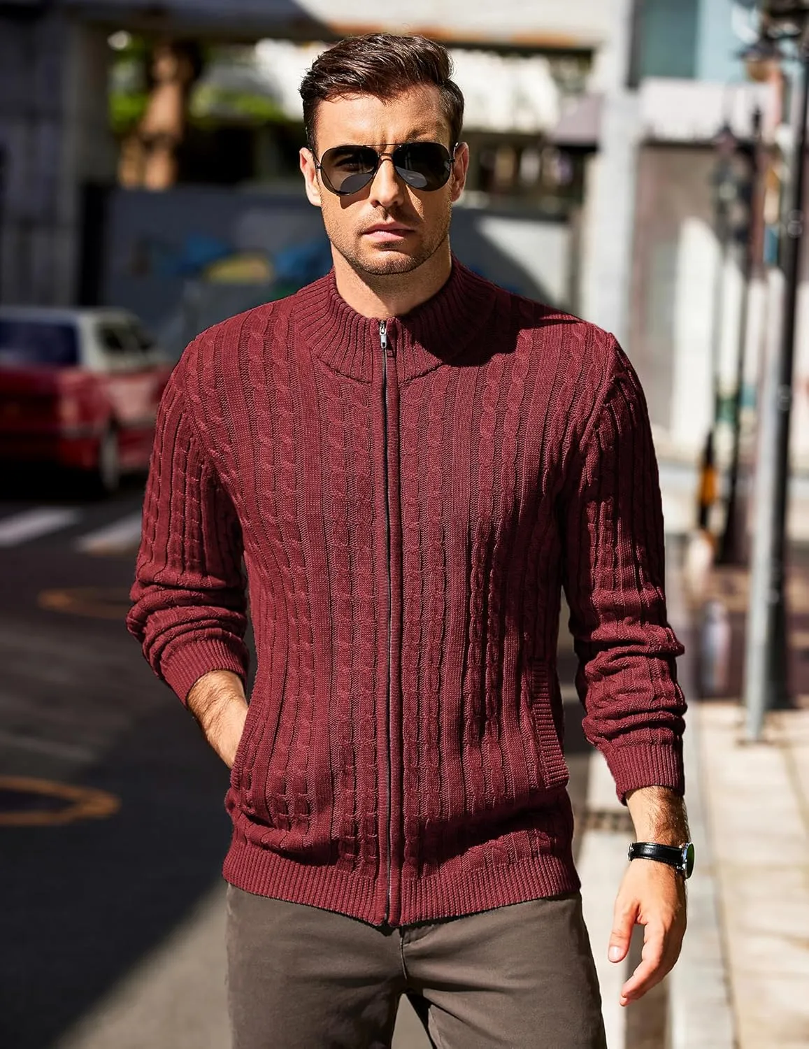 COOFANDY Men's Full Zip Cardigan Sweater Slim Fit Cable Knitted Zip Up Sweater with Pockets
