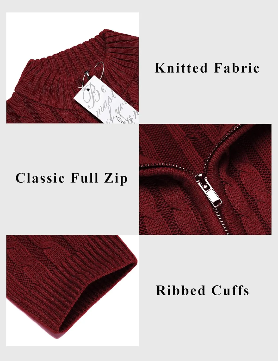 COOFANDY Men's Full Zip Cardigan Sweater Slim Fit Cable Knitted Zip Up Sweater with Pockets