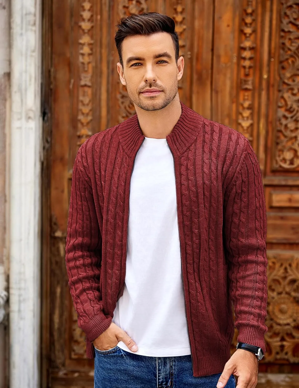 COOFANDY Men's Full Zip Cardigan Sweater Slim Fit Cable Knitted Zip Up Sweater with Pockets