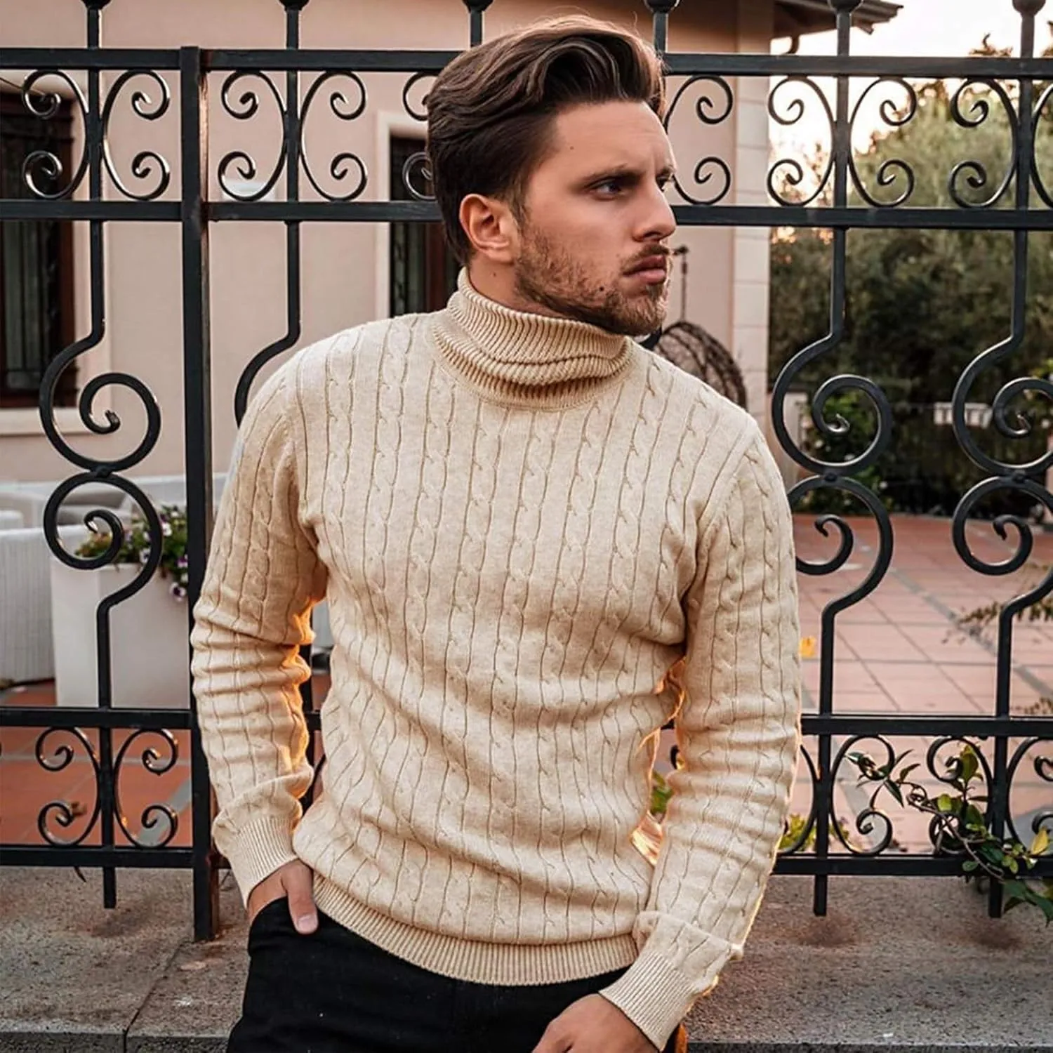COOFANDY Men's Slim Fit Turtleneck Sweater Casual Twist Patterned Pullover Knitted Sweaters