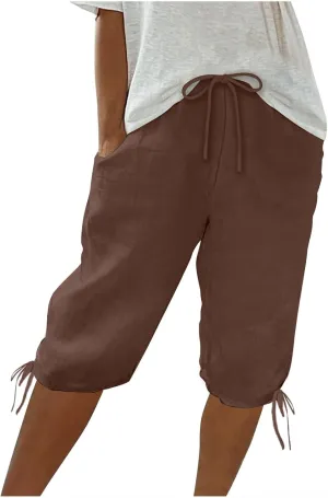 Cotton Linen Shorts for Women 2025 Trendy Casual Loose Beach Vacation Drawstring Bermuda Boho SweatShorts with Pocket