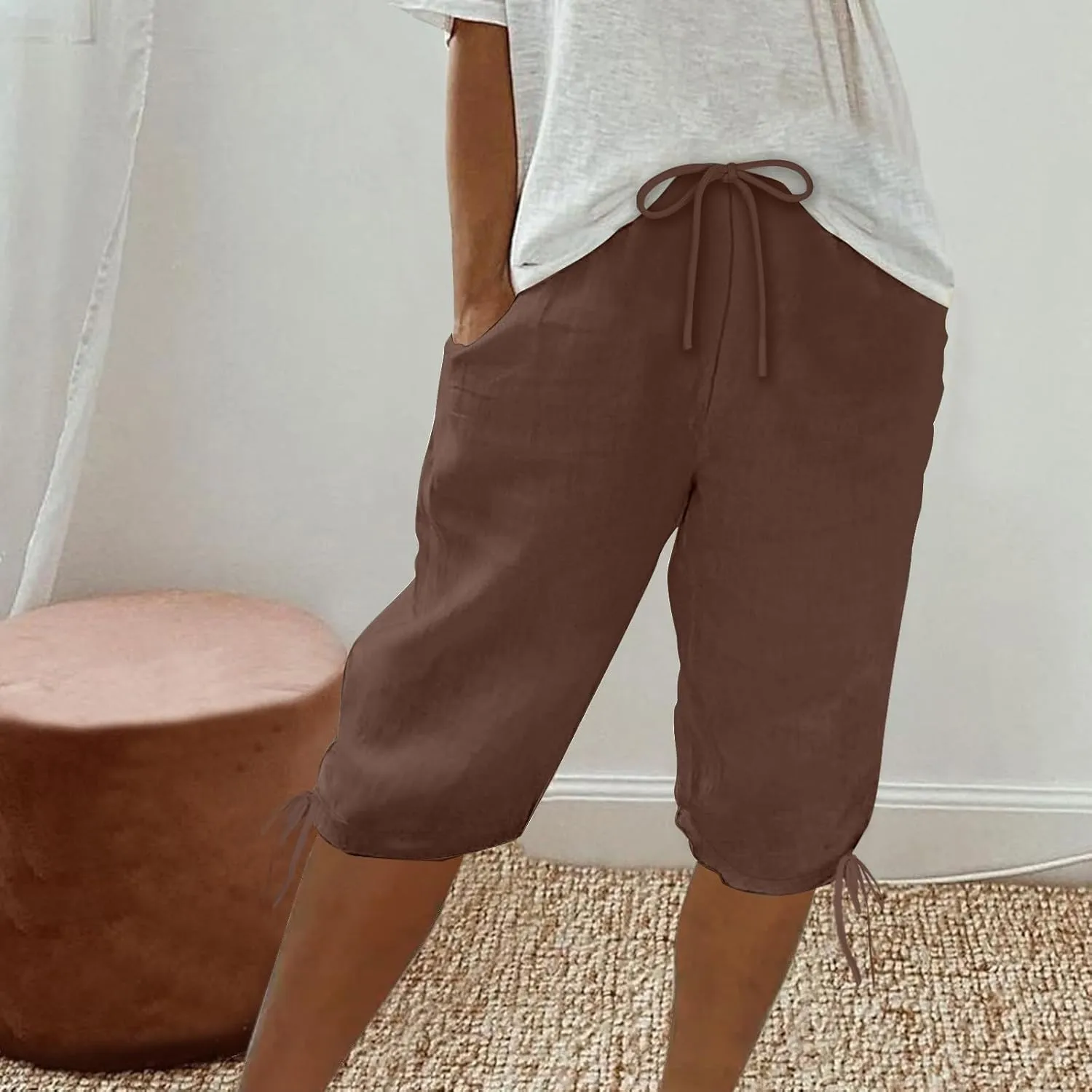 Cotton Linen Shorts for Women 2025 Trendy Casual Loose Beach Vacation Drawstring Bermuda Boho SweatShorts with Pocket