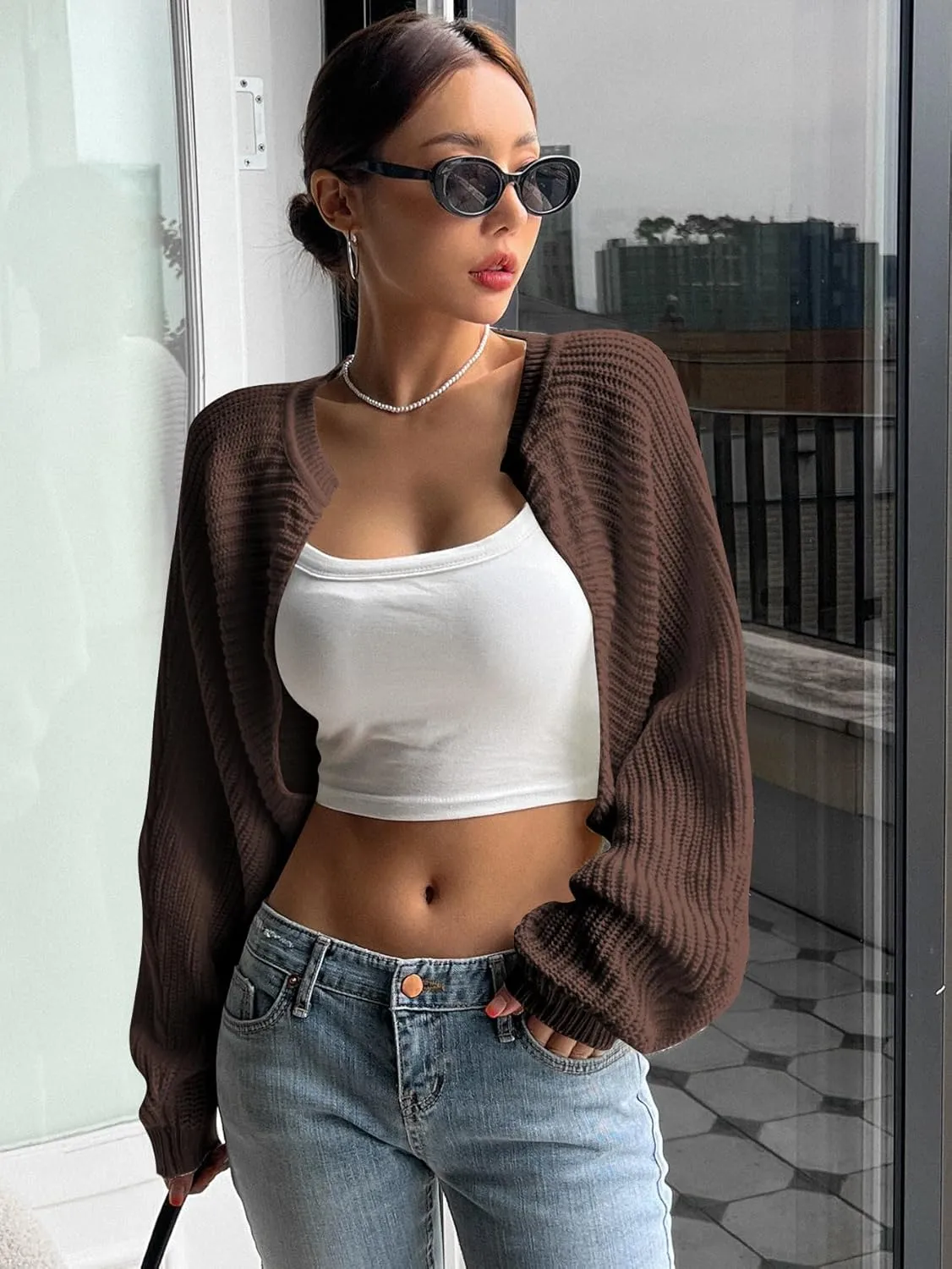 COZYEASE Women's Bolero Shrug Sweaters Long Sleeve Open Front Rib Knit Cropped Cardigan Sweater Fashion