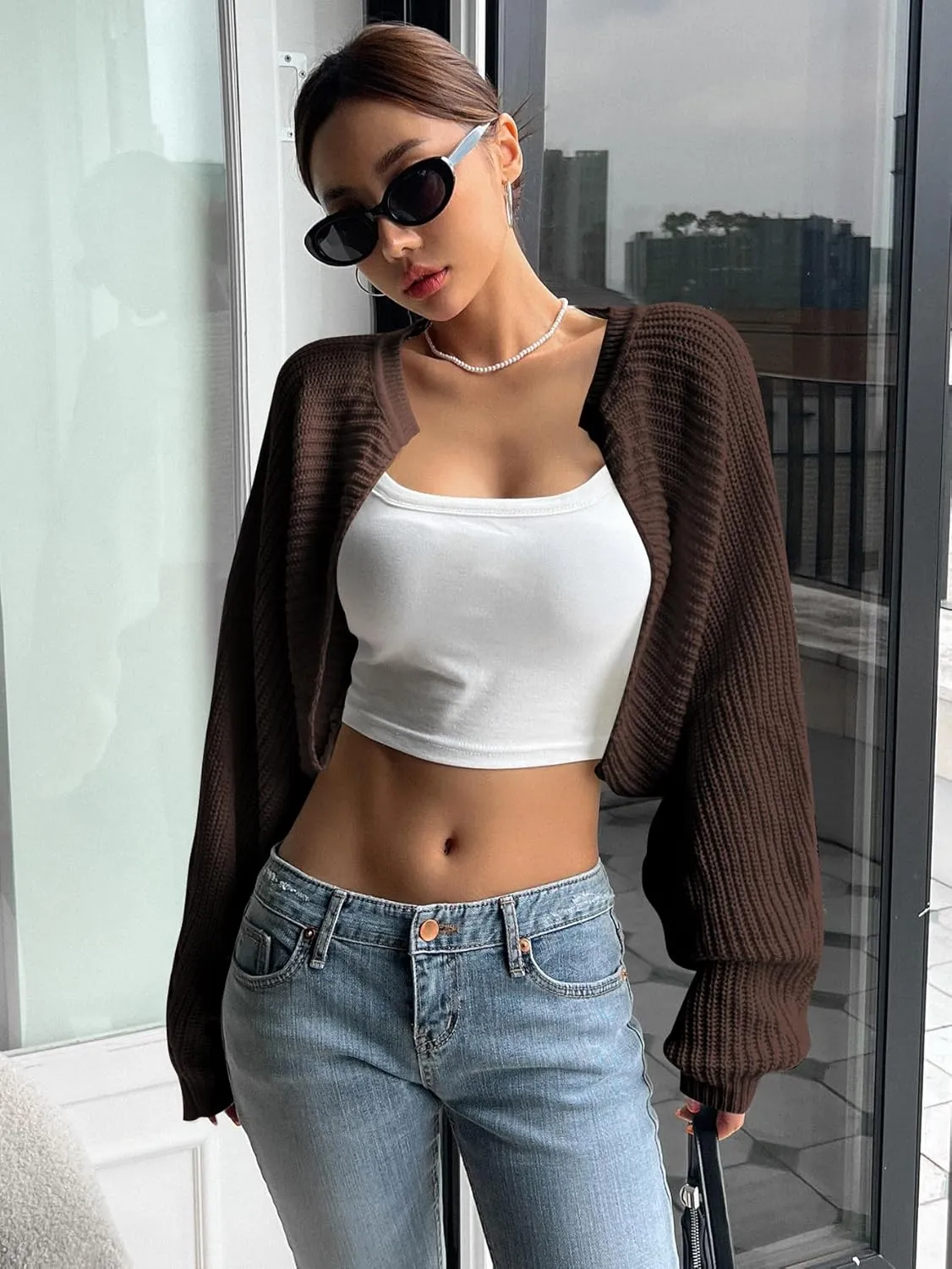 COZYEASE Women's Bolero Shrug Sweaters Long Sleeve Open Front Rib Knit Cropped Cardigan Sweater Fashion