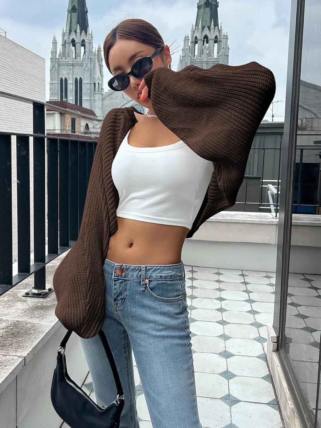 COZYEASE Women's Bolero Shrug Sweaters Long Sleeve Open Front Rib Knit Cropped Cardigan Sweater Fashion