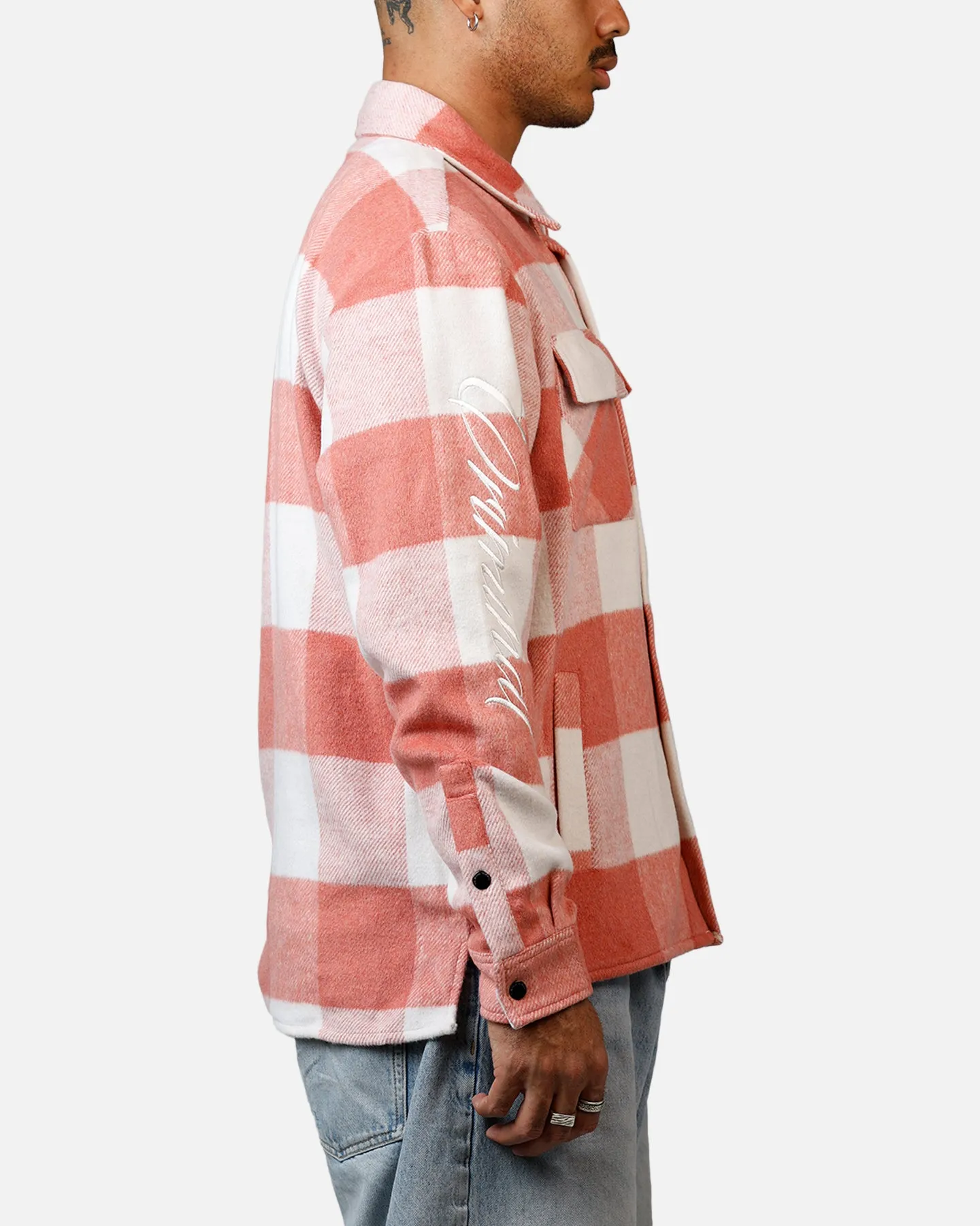 Criminal Damage Embroidered Flannel Shirt Pink