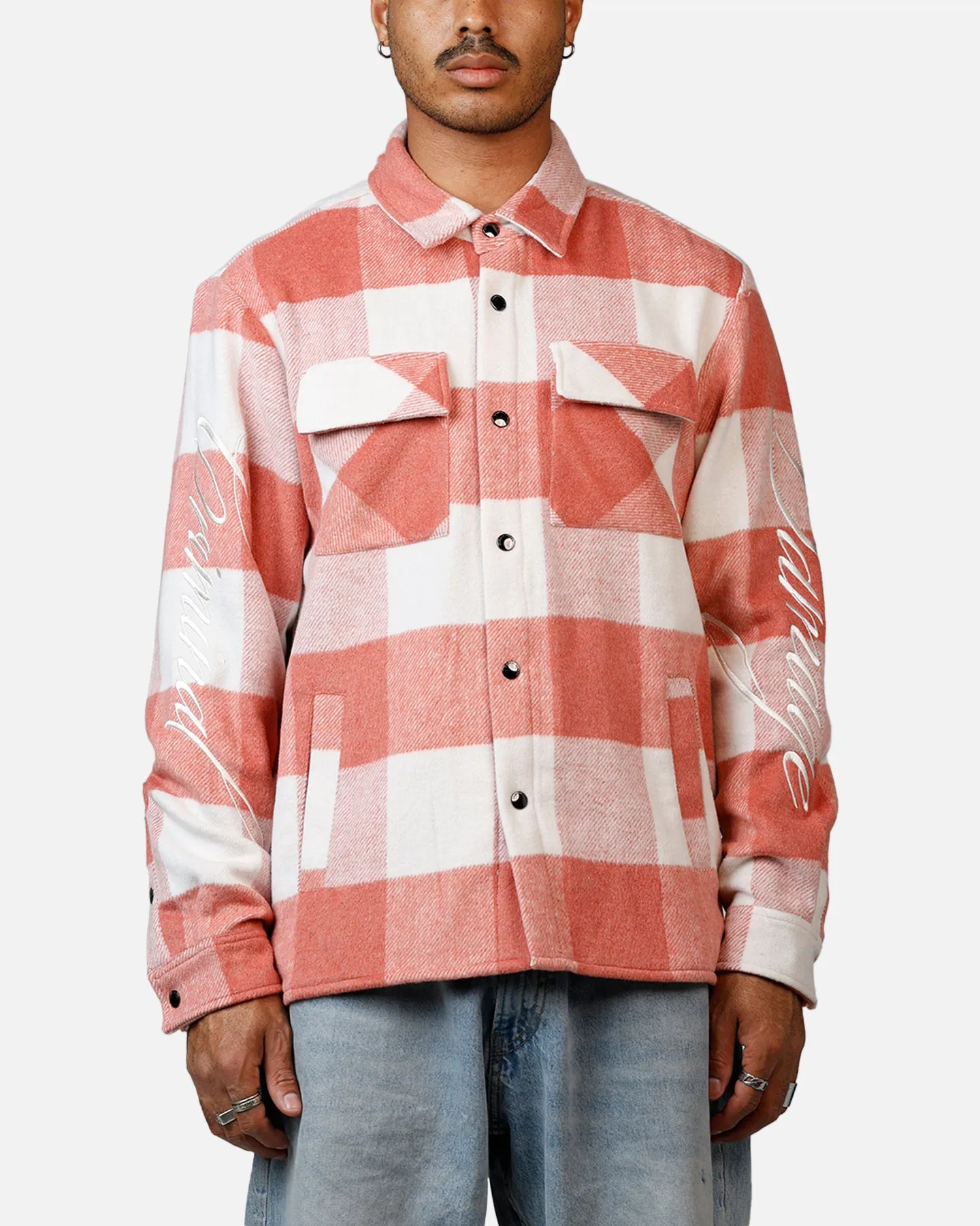 Criminal Damage Embroidered Flannel Shirt Pink