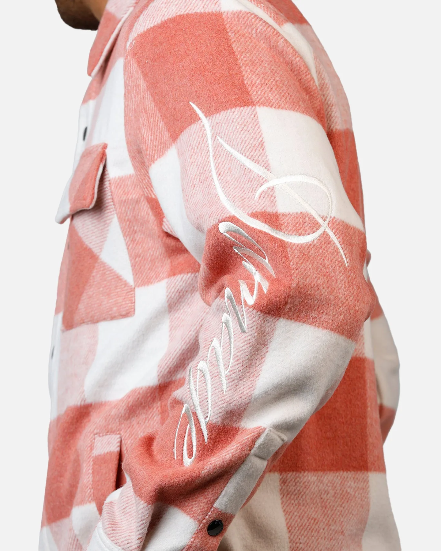 Criminal Damage Embroidered Flannel Shirt Pink