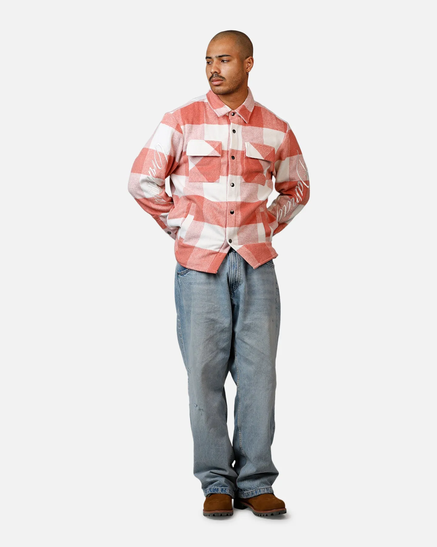 Criminal Damage Embroidered Flannel Shirt Pink