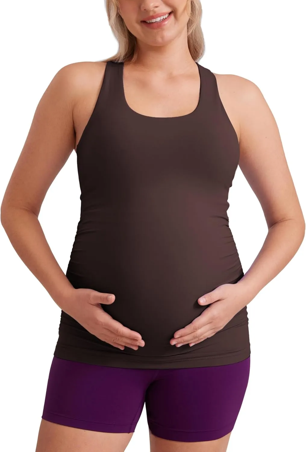 CRZ YOGA Butterluxe Womens Racerback Maternity Tank Tops Ruched Sleeveless Pregnancy Yoga Tee with Built in Bra Workout Shirt