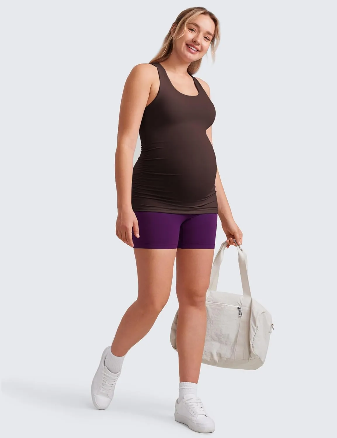 CRZ YOGA Butterluxe Womens Racerback Maternity Tank Tops Ruched Sleeveless Pregnancy Yoga Tee with Built in Bra Workout Shirt