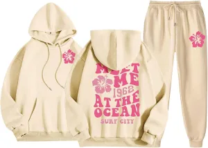 Cute 2 Piece Outfits for Women Teen Girls Preppy Puff 2024 Fall Fleece Pocket Drawstring Pullover Oversized Sweatpant