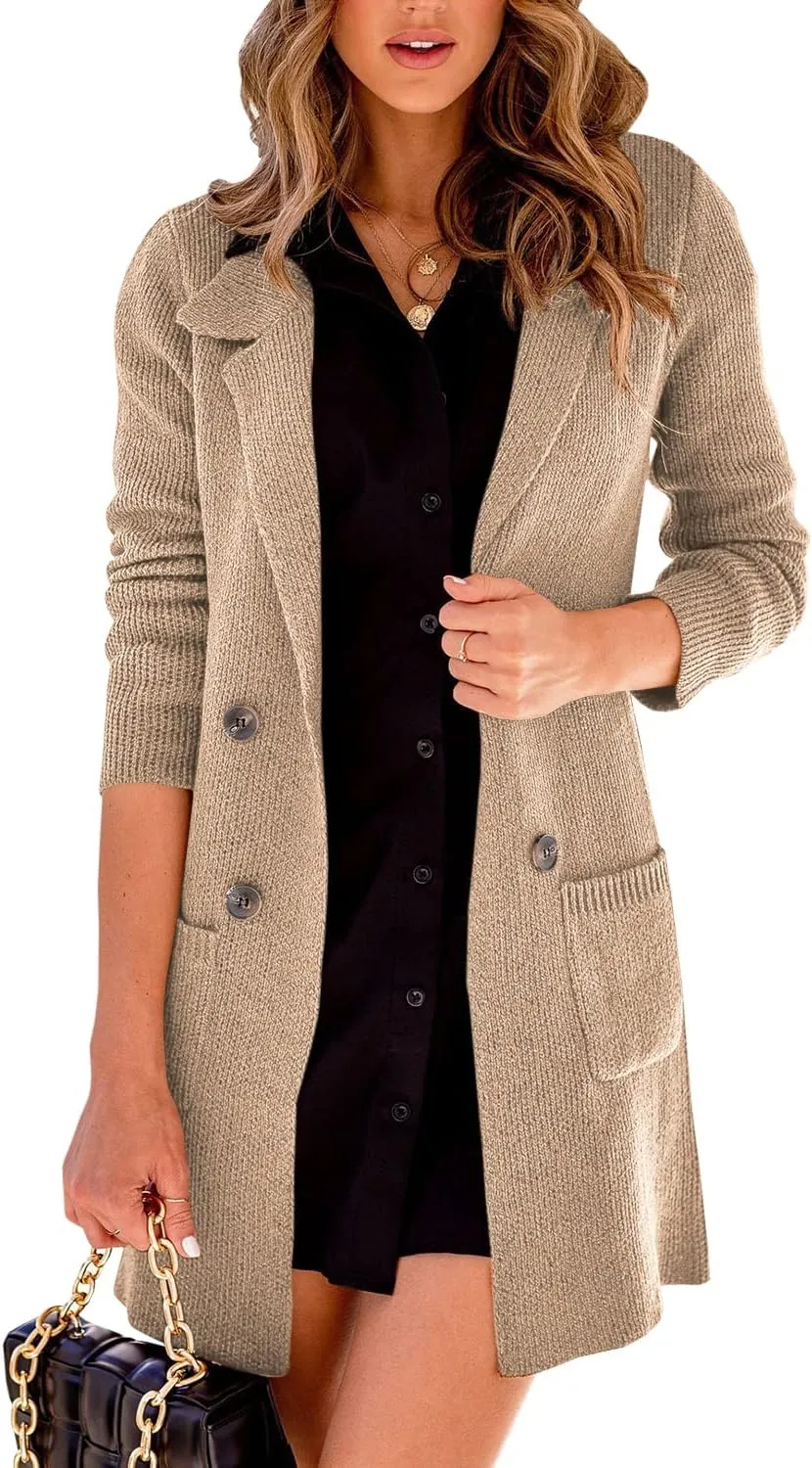 Danedvi Women Open Front Lapel Collar Cardigan Button Down Long Sweaters Cardigan Solid Outerwear Coats