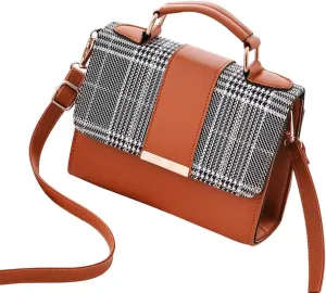 Designer Handbag with Houndstooth Pattern, Faux Leather Trim, Top Handle, Crossbody Strap