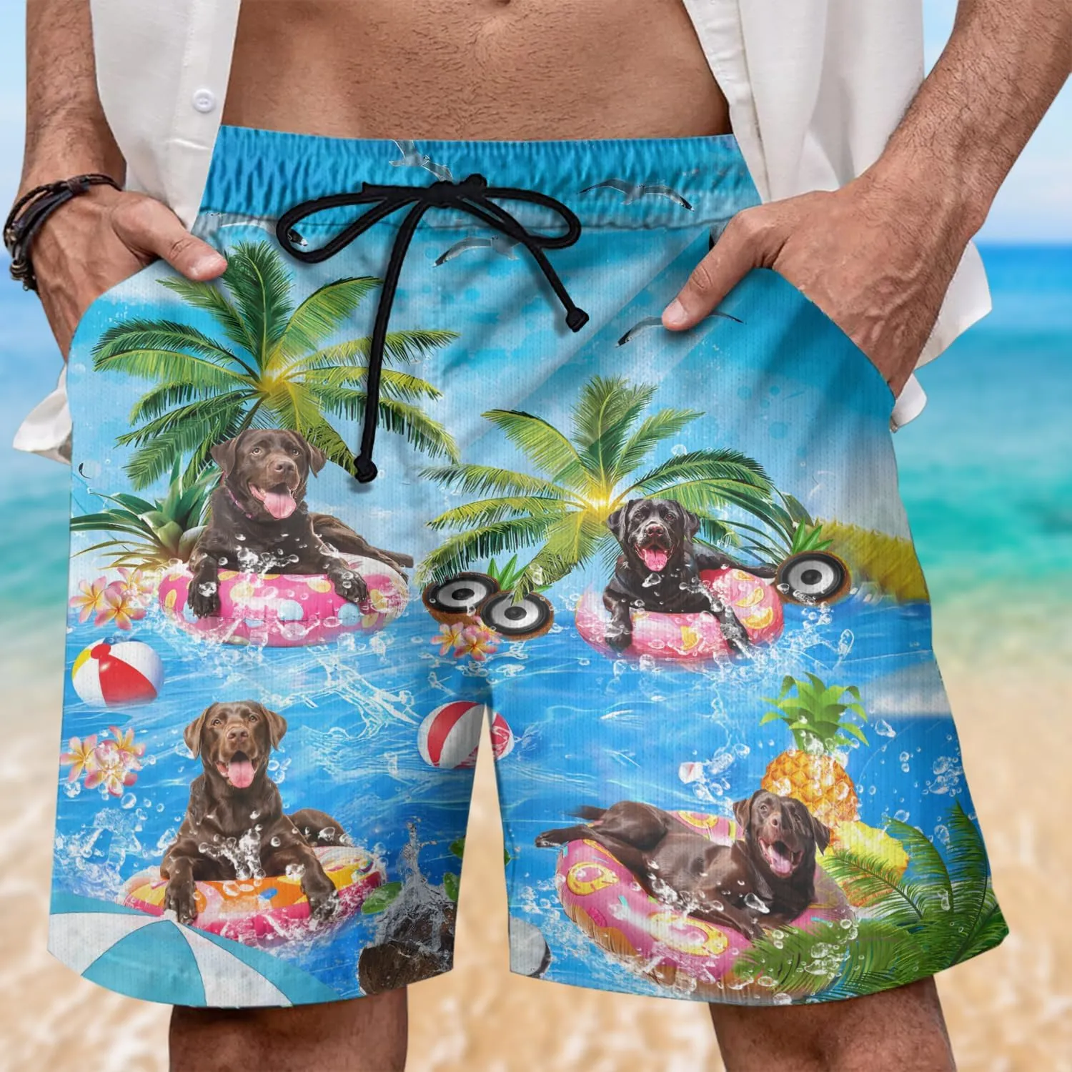 Dog Pool Party Mens Swim Trunks - Happy Dog Hawaiian Mens Shorts Casual - Summer Drawstring Beachwear Shorts PA92
