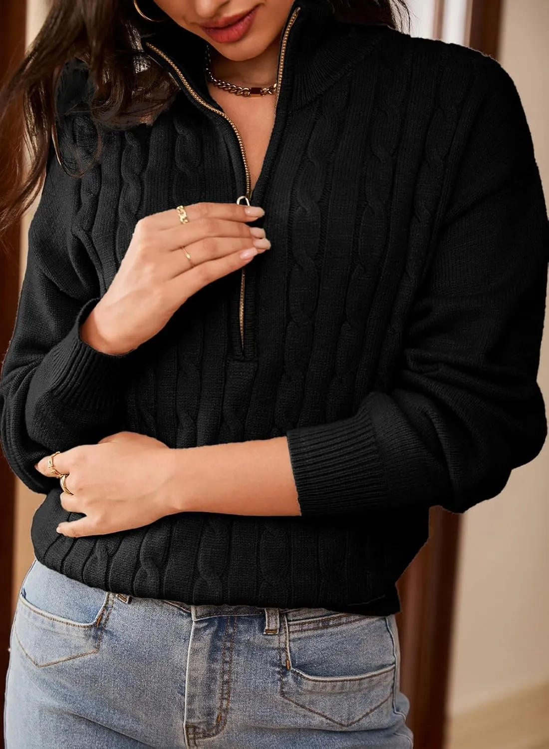 Dokotoo Women's Sweaters 2025 Fall Winter Quarter Zip Casual Ribbed Knitwear Pullover