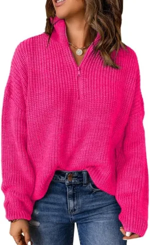 Dokotoo Womens Sweaters Long Sleeve 1/4 Zip Pullover Polo V Neck Dressy Casual Tops