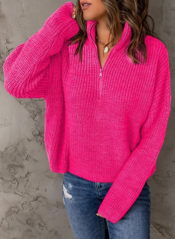 Dokotoo Womens Sweaters Long Sleeve 1/4 Zip Pullover Polo V Neck Dressy Casual Tops