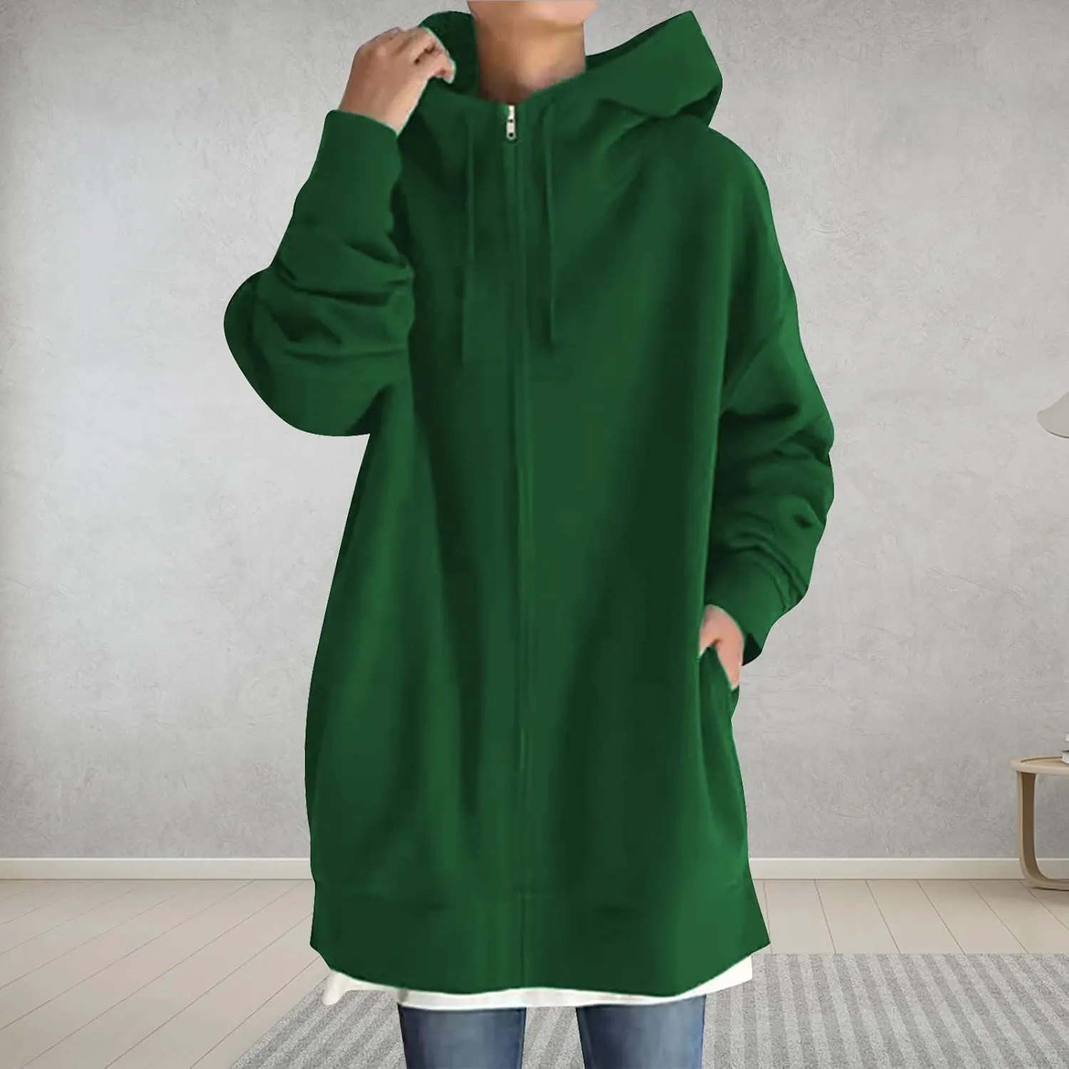 DOLKFU Womens Drawstring Long Hoodie Dress Zip Up Pullover Hooded Sweatshirts Casual Clothes Oversized Y2K Winter Tops
