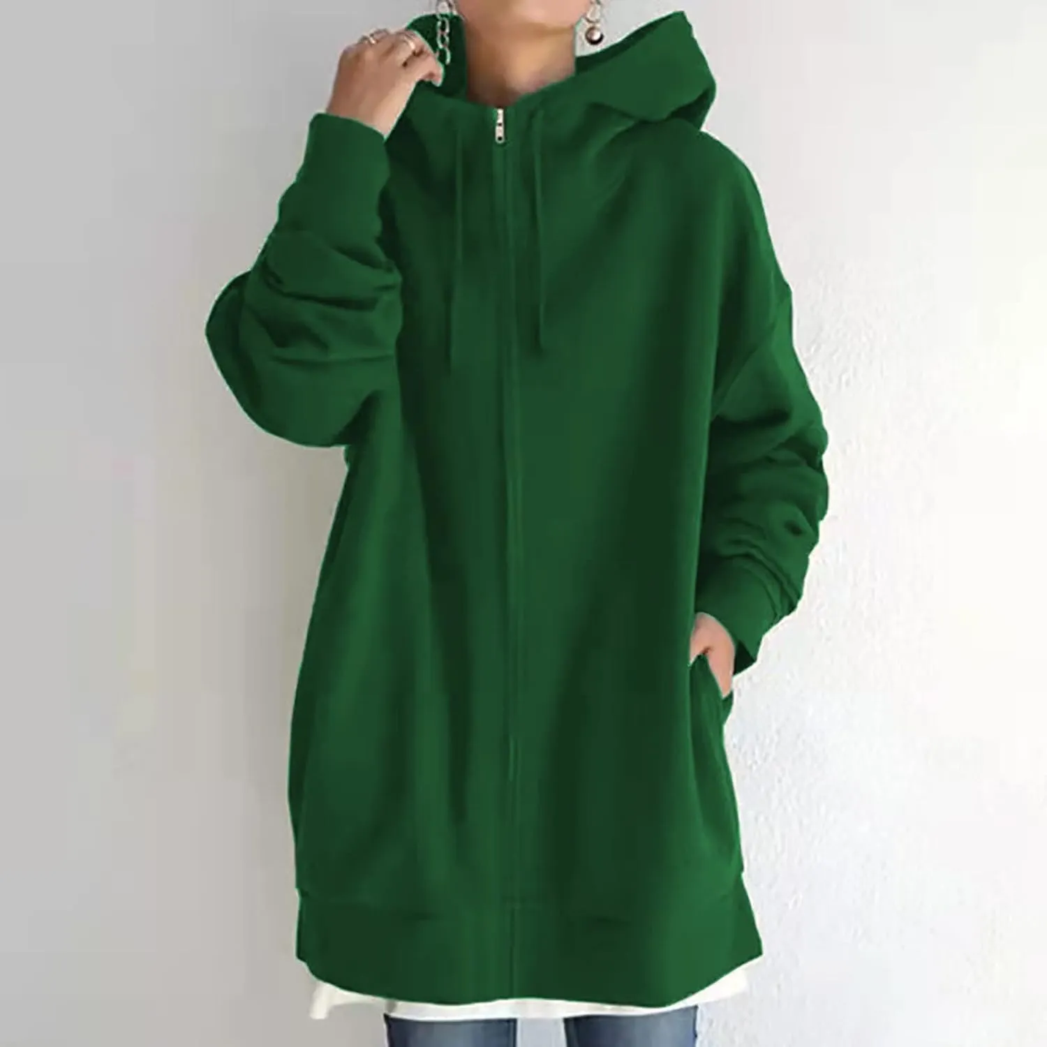 DOLKFU Womens Drawstring Long Hoodie Dress Zip Up Pullover Hooded Sweatshirts Casual Clothes Oversized Y2K Winter Tops