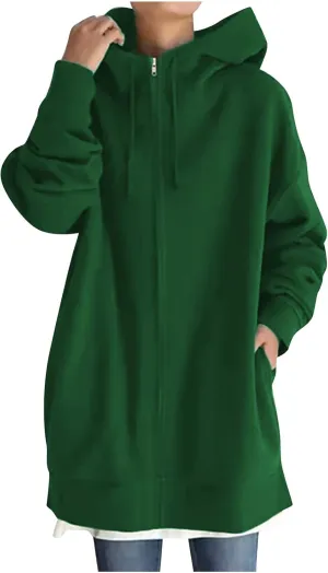 DOLKFU Womens Drawstring Long Hoodie Dress Zip Up Pullover Hooded Sweatshirts Casual Clothes Oversized Y2K Winter Tops