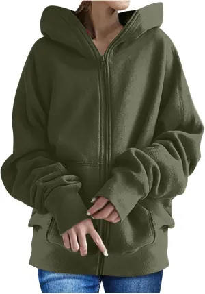 DOLKFU Womens Oversized Hoodie Dress Zip Up Long Sweatshirt Solid Basic Pullover Tops Y2K Trendy Winter Clothes With Pockets