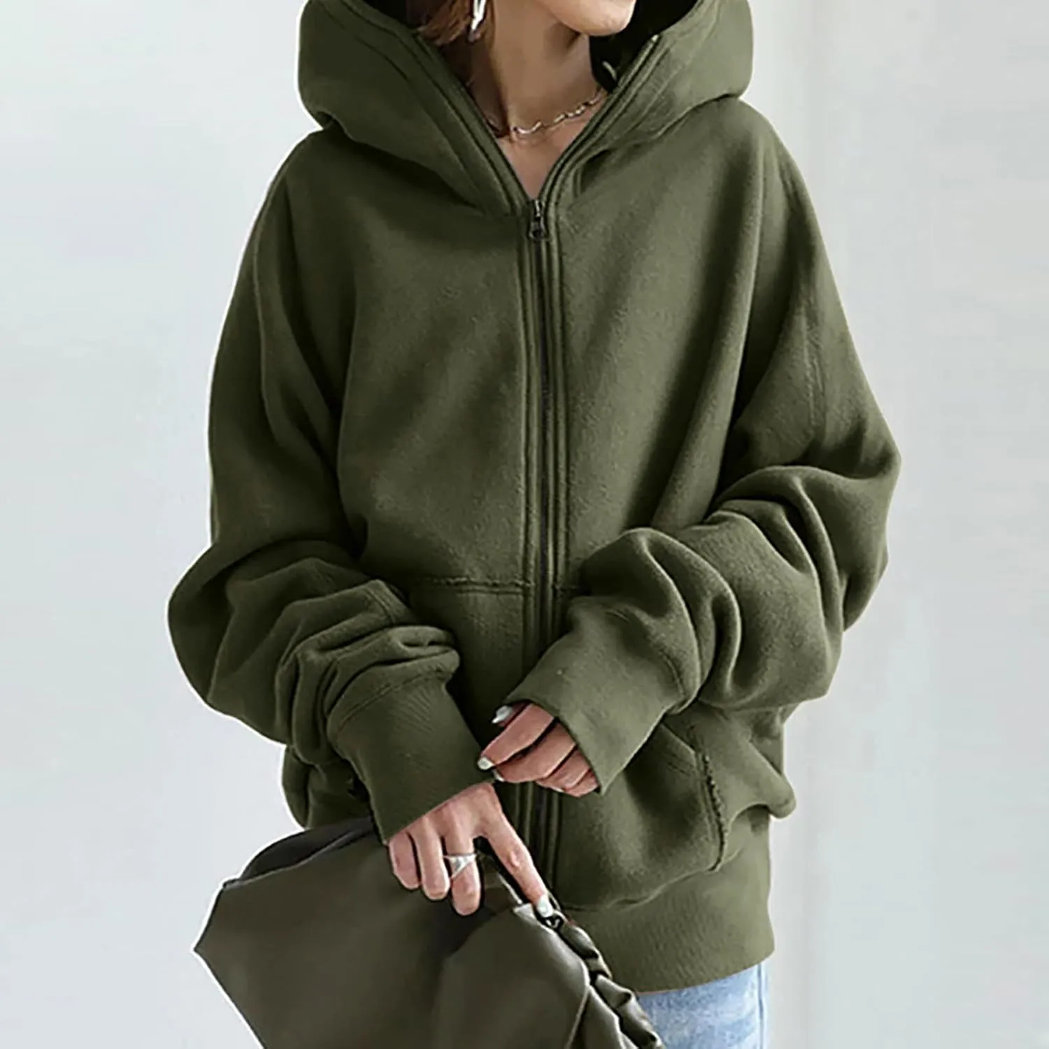 DOLKFU Womens Oversized Hoodie Dress Zip Up Long Sweatshirt Solid Basic Pullover Tops Y2K Trendy Winter Clothes With Pockets