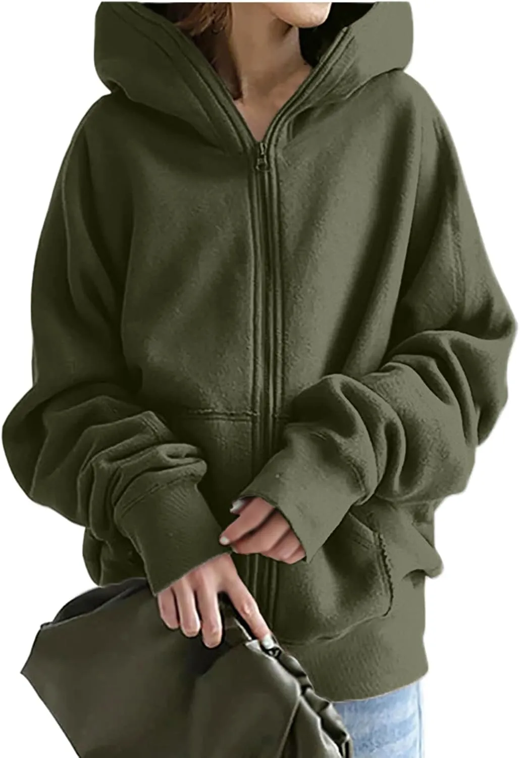DOLKFU Womens Oversized Hoodie Dress Zip Up Long Sweatshirt Solid Basic Pullover Tops Y2K Trendy Winter Clothes With Pockets