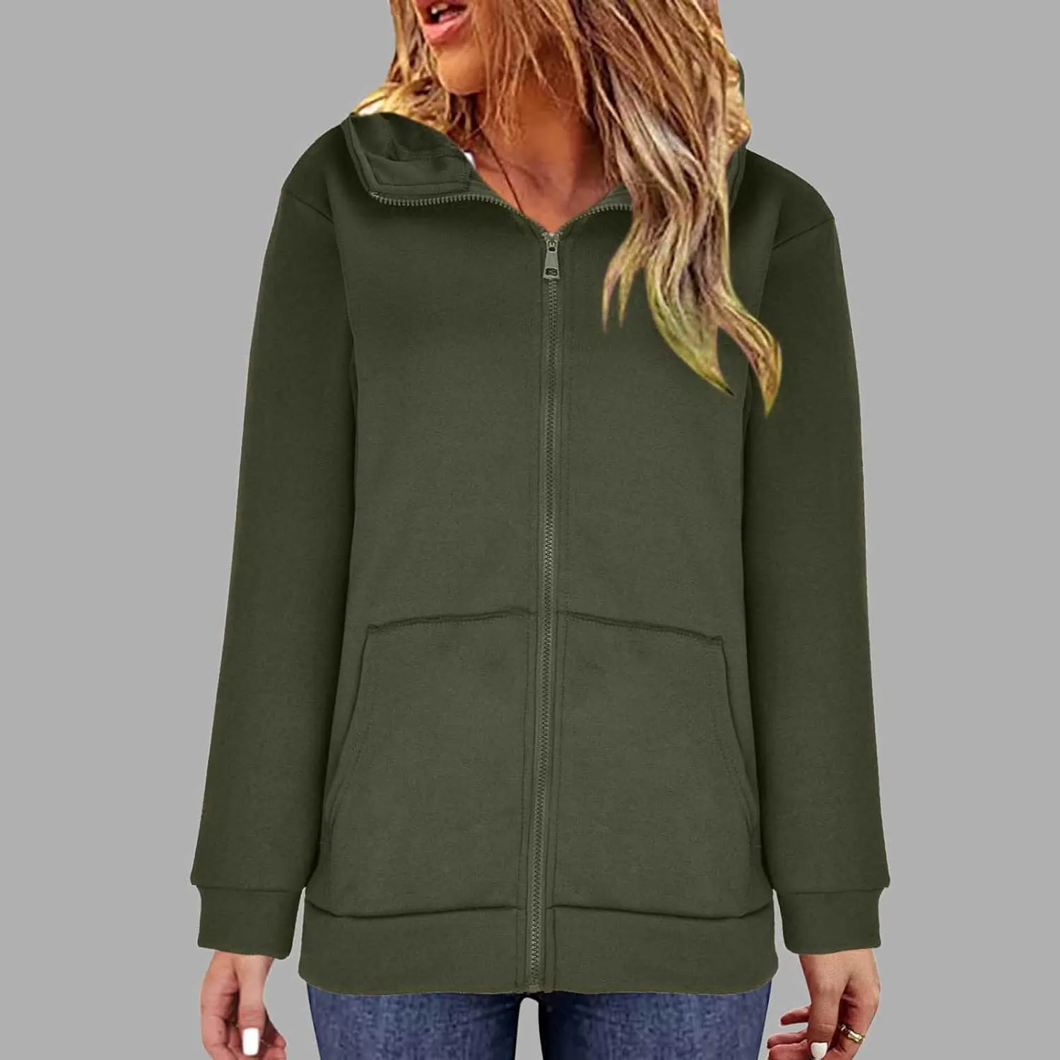 DOLKFU Womens Oversized Hoodie Dress Zip Up Long Sweatshirt Solid Basic Pullover Tops Y2K Trendy Winter Clothes With Pockets