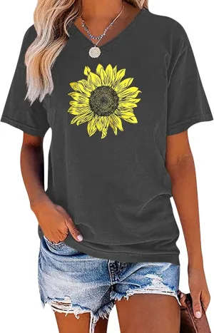 EADINVE Women's Short Sleeve V Neck Sunflower Graphic Printed Summer Tee Vintage T Shirt Cotton Tops Novelty Cool Shirt