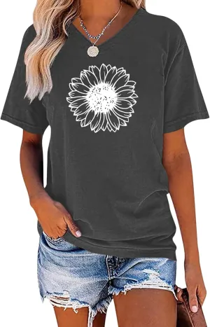 EADINVE Women's Short Sleeve V Neck Sunflower Graphic Printed Summer Tee Vintage T Shirt Cotton Tops Novelty Cool Shirt