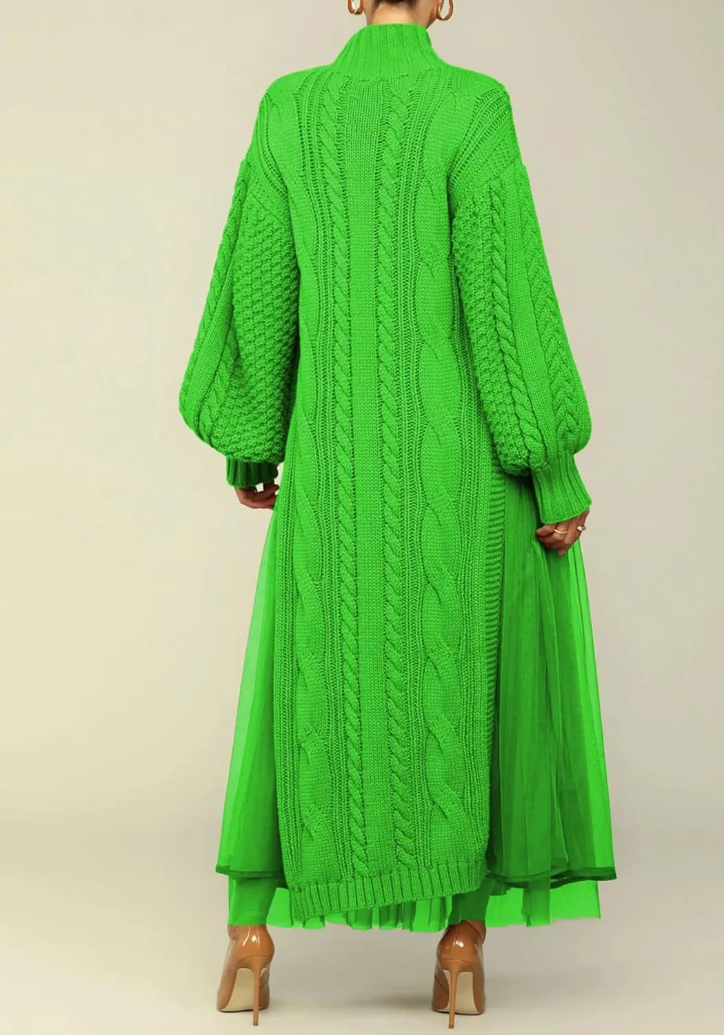 Ecirod Women High Neck Puff Sleeve Cable Knit Sweater Maxi Dress Double Slit Long Dresses with Mesh Skirt