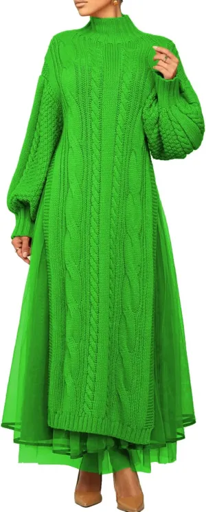 Ecirod Women High Neck Puff Sleeve Cable Knit Sweater Maxi Dress Double Slit Long Dresses with Mesh Skirt