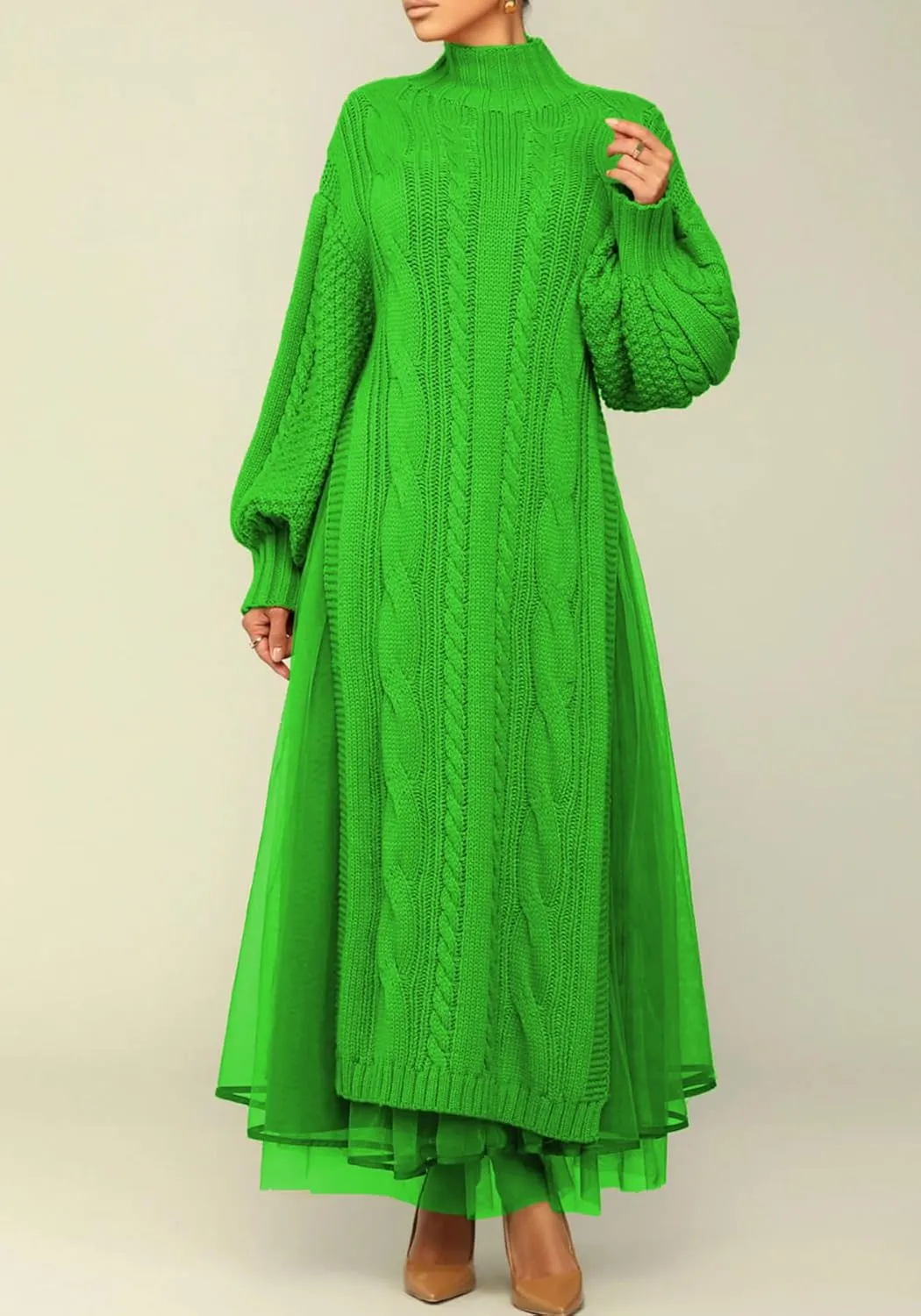 Ecirod Women High Neck Puff Sleeve Cable Knit Sweater Maxi Dress Double Slit Long Dresses with Mesh Skirt