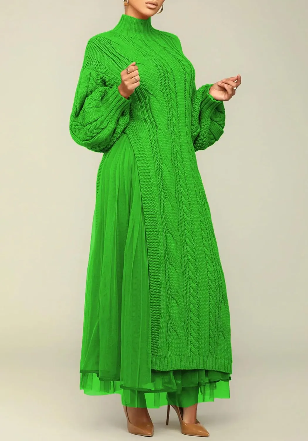 Ecirod Women High Neck Puff Sleeve Cable Knit Sweater Maxi Dress Double Slit Long Dresses with Mesh Skirt