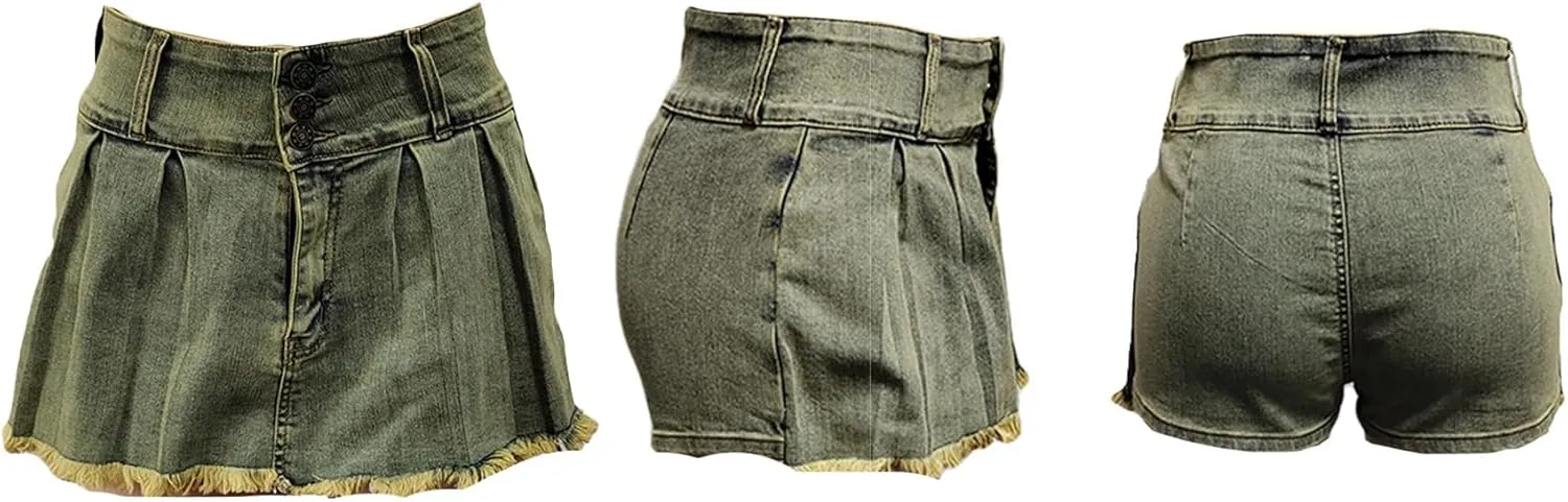 Ecirod Womens Summer Denim Pleated Mini Skorts Frayed Raw Hem High Waisted Slit Bodycon Jean Skirt Shorts with Pockets