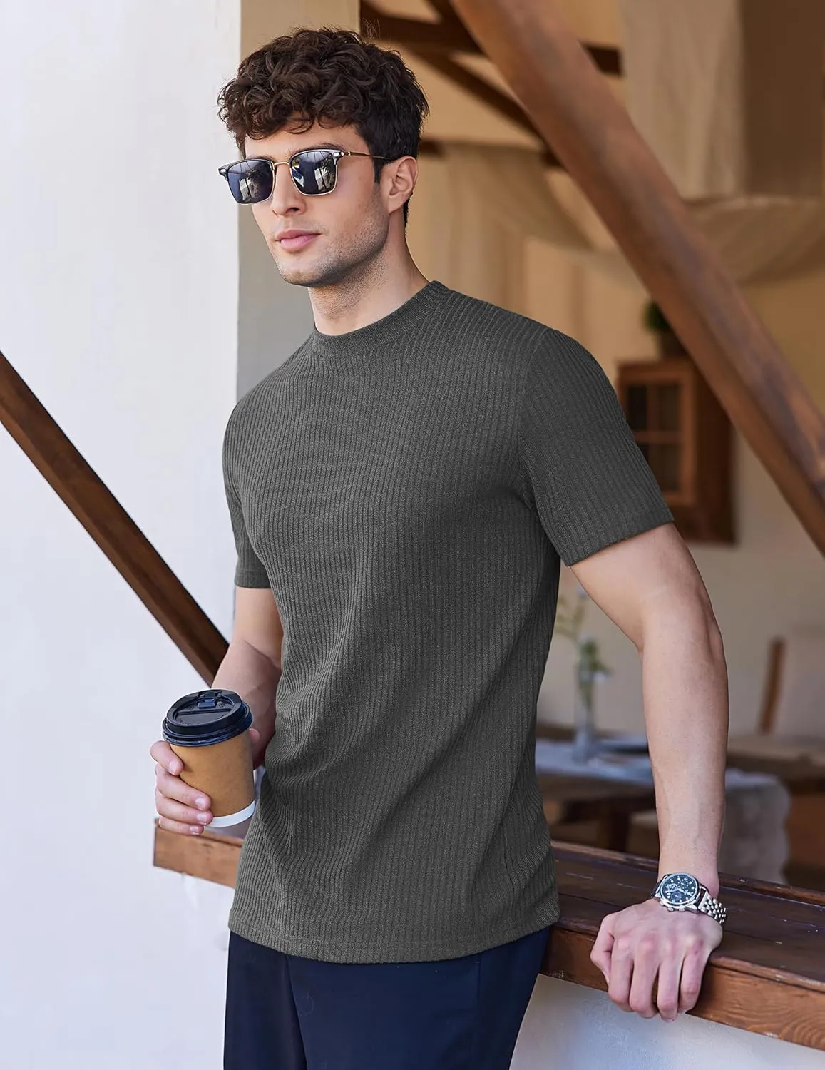 Ekouaer Mens Mock Turtleneck Short Sleeve Knit T Shirts Slim Fit Basic Thermal Tops Lightweight Tee S-XXXL