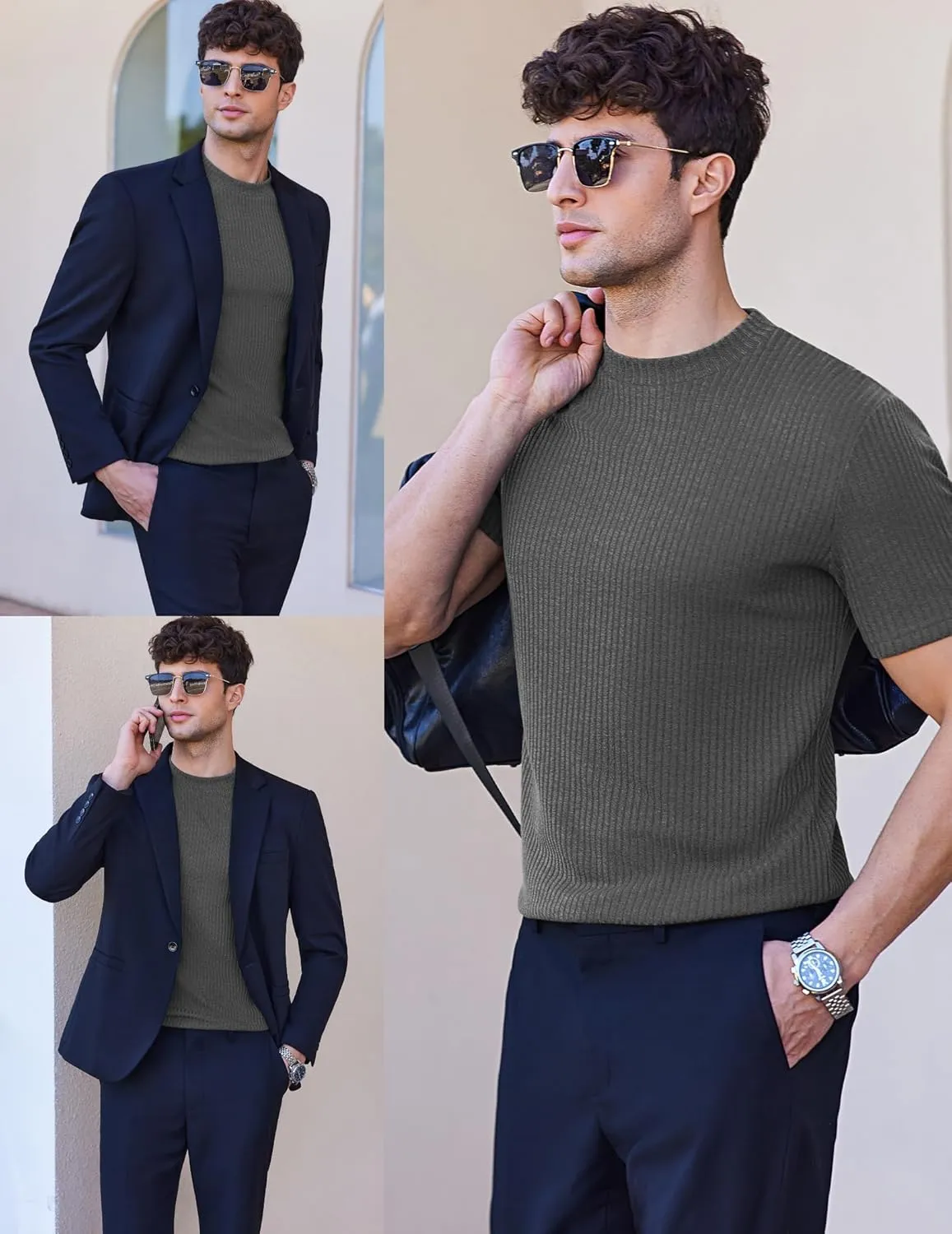 Ekouaer Mens Mock Turtleneck Short Sleeve Knit T Shirts Slim Fit Basic Thermal Tops Lightweight Tee S-XXXL