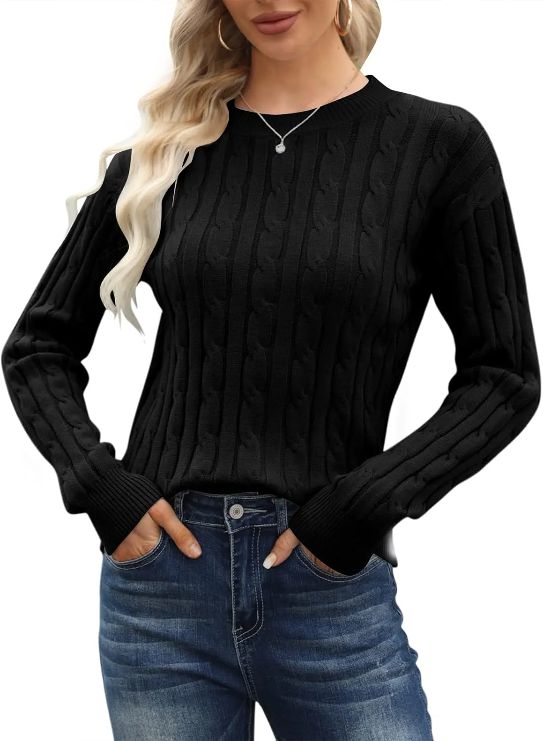 Esobo Women's Classic-fit Lightweight Cable Long Sleeve Mockneck Loose Casual Sweater Jumpers
