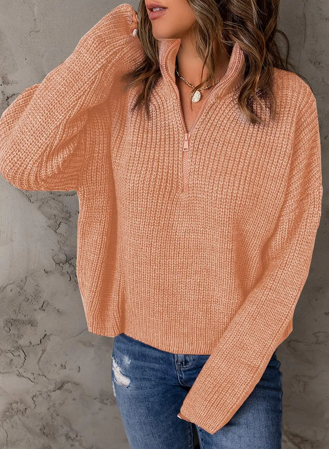 EVALESS Quarter Zip Sweaters for Women Waffle Kint Long Sleeve Pullover Sweater Business Casual Outfits